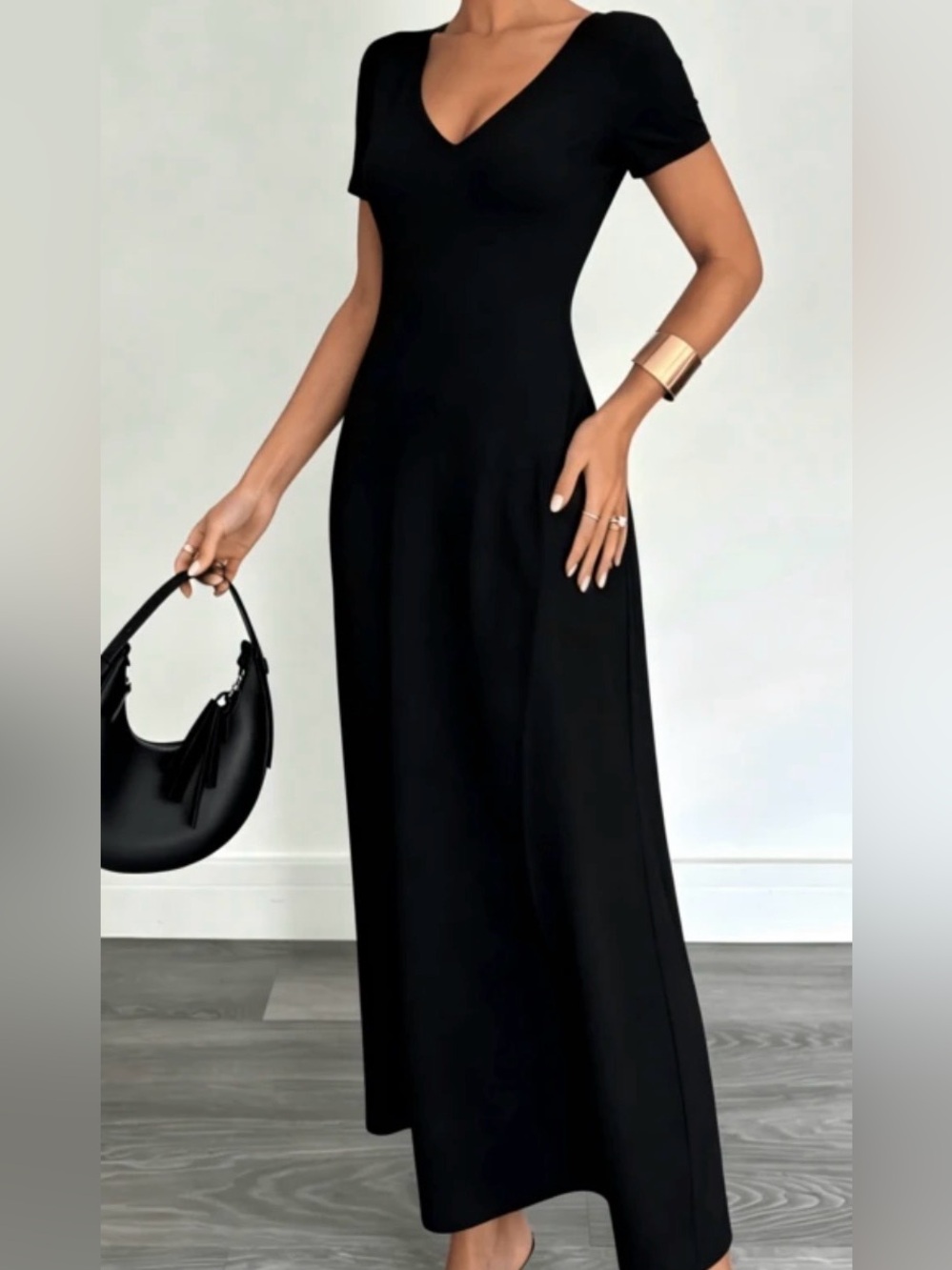 Black V-Neck Short Sleeve Midi Dress